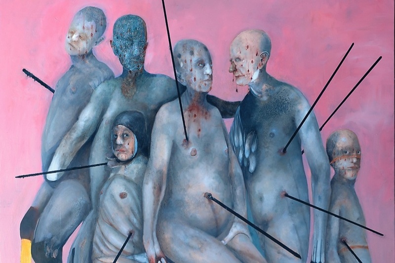 Sergio Padovani, Nuovi martiri, 2024, olio, bitume e resina su tela, 190 x 160 cm, dettaglio.
